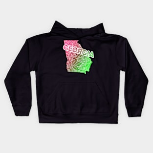 Colorful mandala art map of Georgia with text in pink and green Kids Hoodie